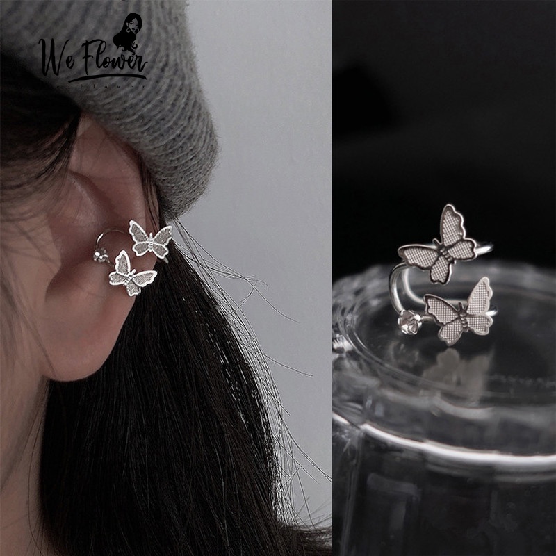 We Flower 1PC Anting Klip Desain Kupu-Kupu Ganda Bahan s925 Silver Untuk Wanita