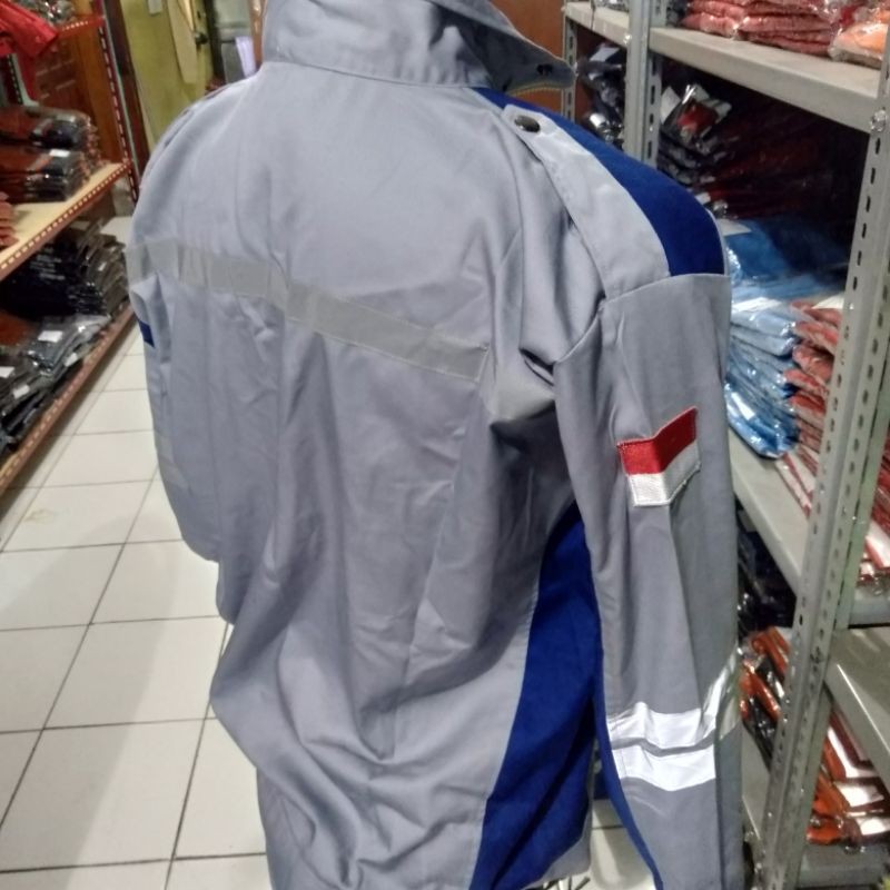 SERAGAM BAJU SAFETY SEMI JAKET FREE LOGO BENDERA K3 BIRU ABU ABU