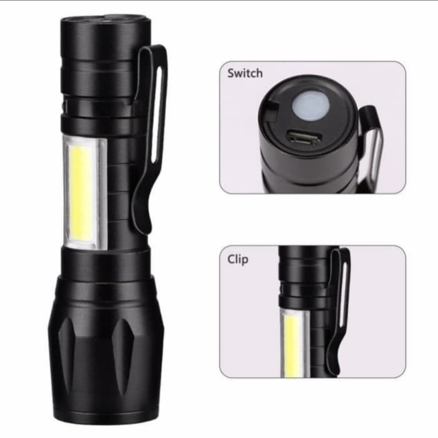 Senter Police Mini XPE + COB LED Zoom, USB Charge