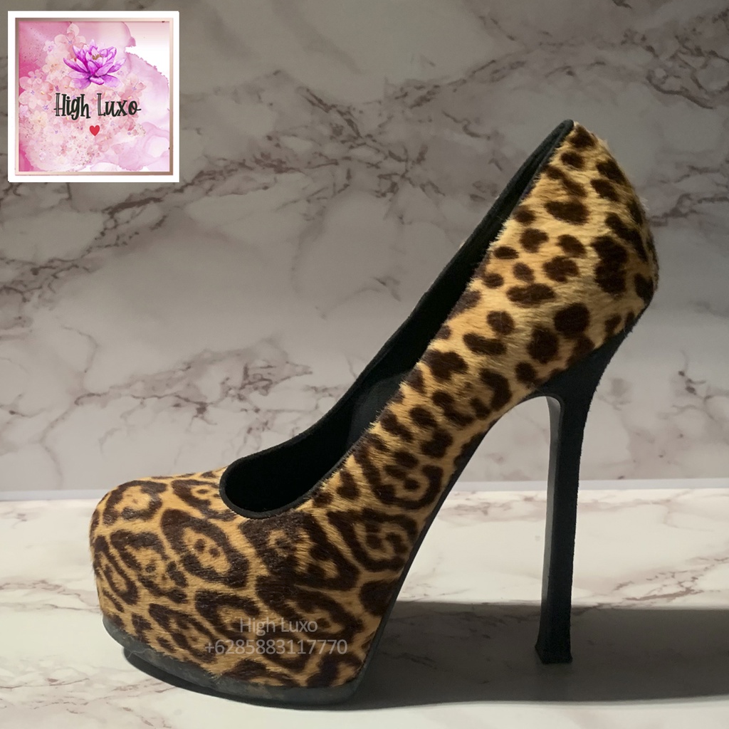 YVES SAINT LAURENT Leopard Tribute Two Pumps YSL Size 37 Pony Hair Leather High Heels Platforms Kuli