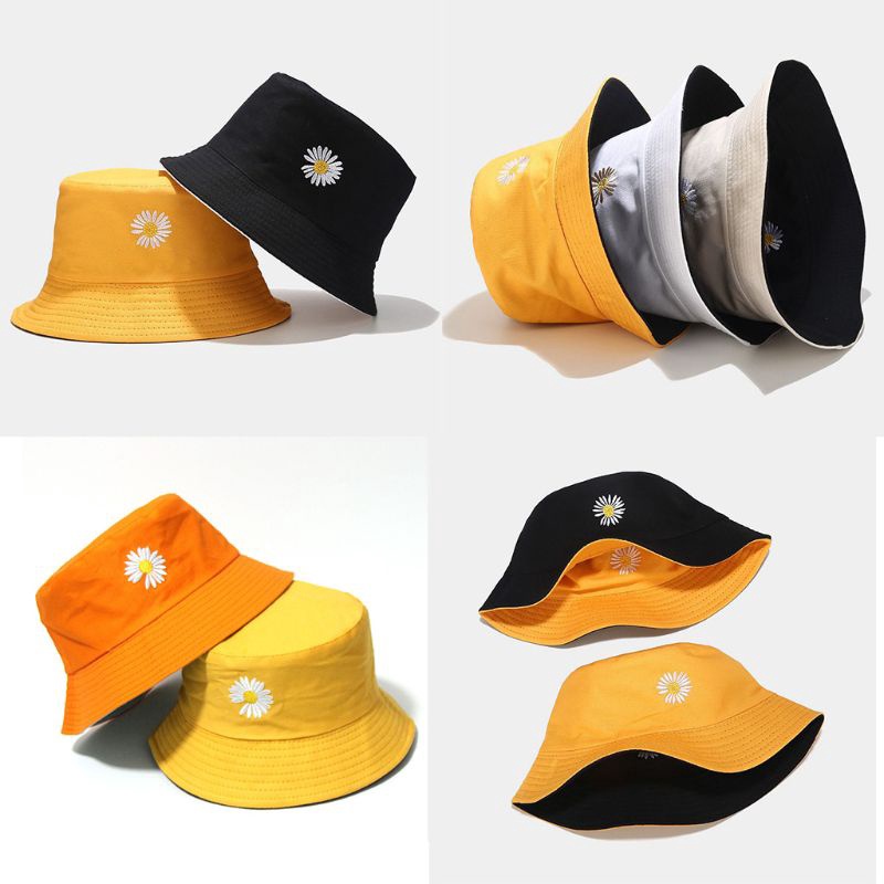 Bucket Hat Motif Bunga Daisy / Bucket Hat Bordir Daisy Korean Style Kualitas Premium Harga Termurah !!