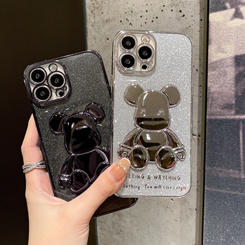 3D Bear Phone Case for iPhone 13 12 11 Pro Max X Xr Xs Max SE 2020 iPhone 8 7 6 6s Plus Luxury Plating Soft Case Silicone Soft TPU Casing All-inclusive Shockproof Protective Cover