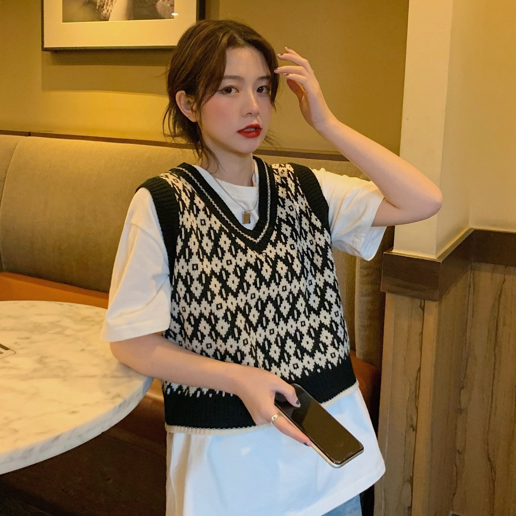 Rompi Rajut Korea Style Baru Wanita V-neck Knit Vest Atasan Tanpa Lengan