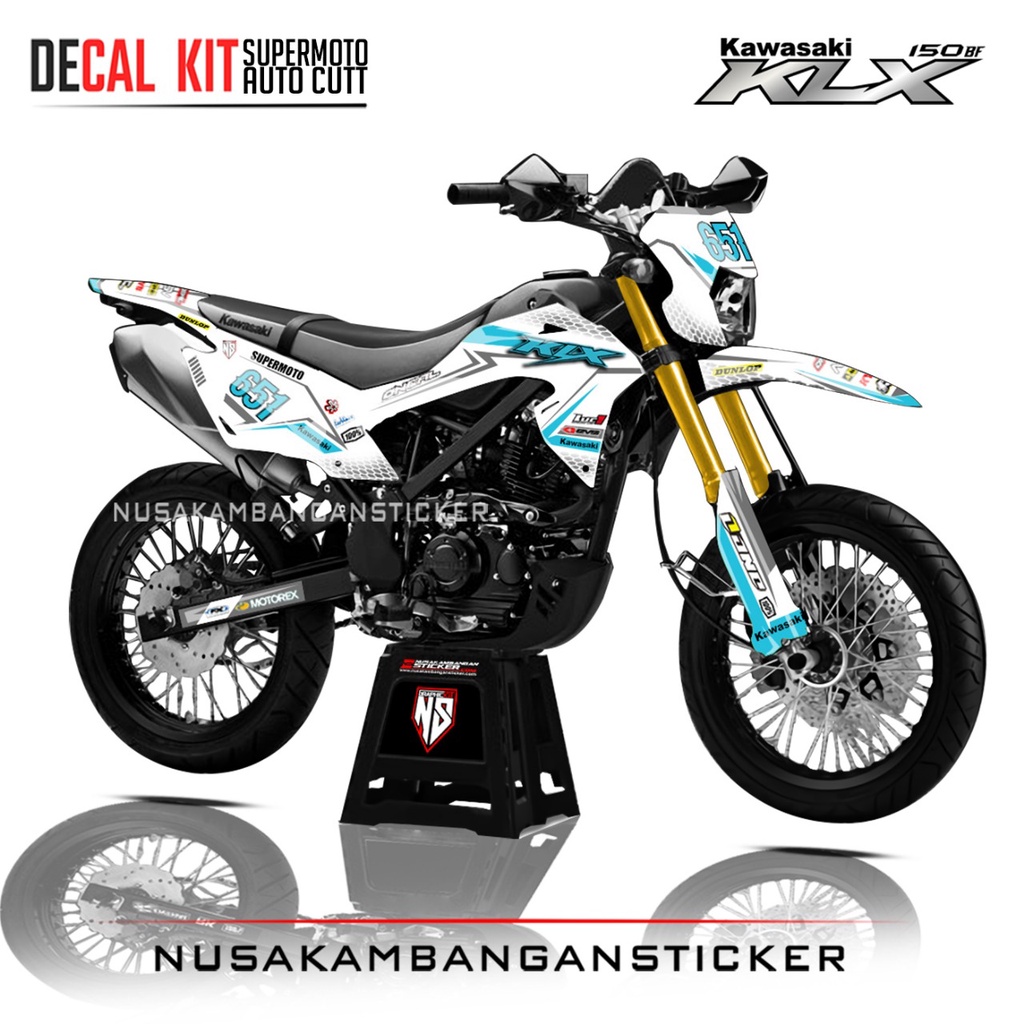 Decal Stiker Supermoto Motor Kawasaki KLX 150 BF Full Body Putih List Biru Toska Racing Team Sticker