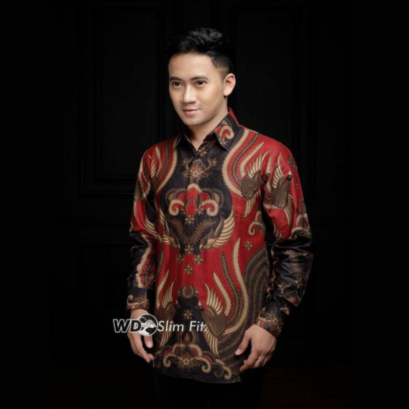 Batik Pria Lengan Panjang BATIK AZMIL HRB026 motif KERATONAN Kode 002 size M L XL XXL Reguler-KMJ ironman Merah