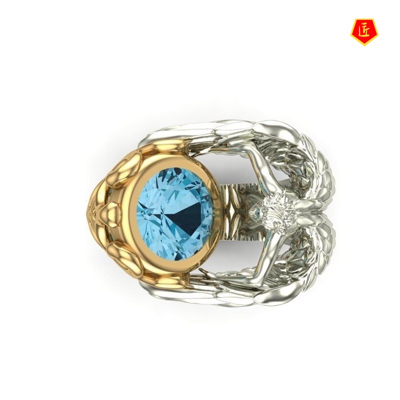 [Ready Stock]Personalized Navy Blue Topaz Angel Wings Ring