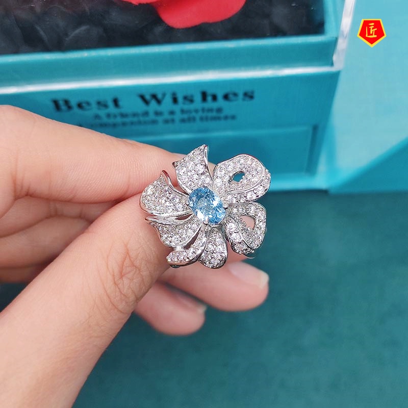 [Ready Stock]Fashion Luxury Natural Blue Topaz Multi-Layer Winding Flower Ring