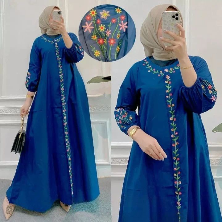 Metta Maxy Bahan Shakilla Aplikasi Bordir Ukuran M L XL / Dress Kondangan / Dress Motif Bunga -Bunga