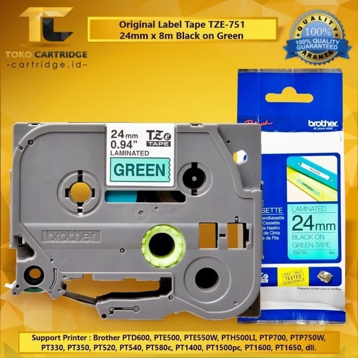 Label Tape Brothr TZe-751 TZe751 TZE 751 Black on Green 24mm For Printer P-Touch