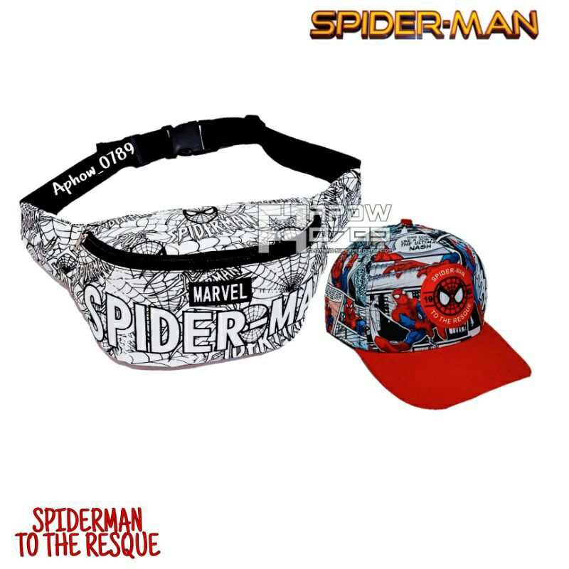 tas selempang anak dan topi anak karakter spiderman waist bag anak laki laki dan topi anak laki laki 2in1