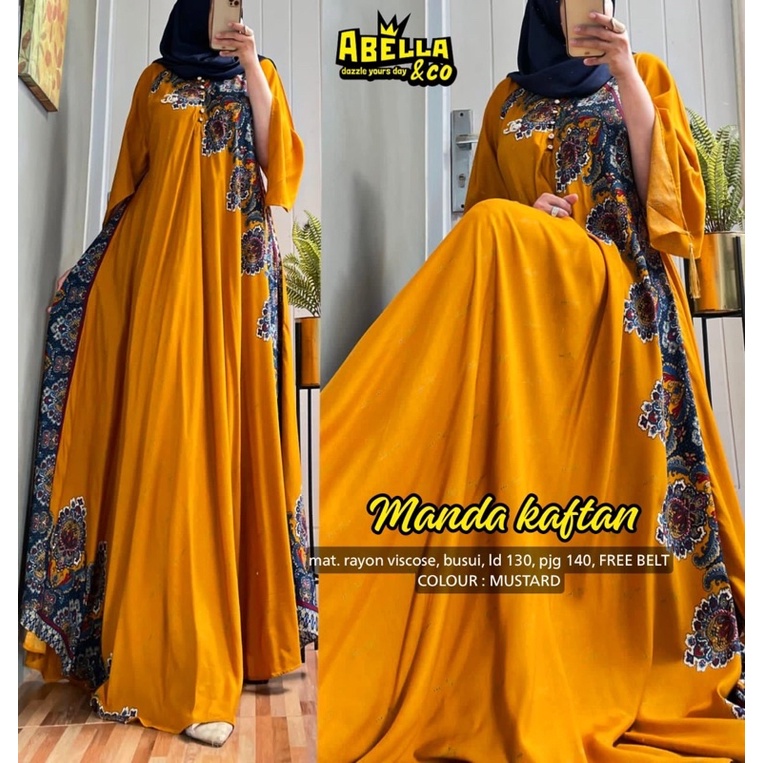 Dress maxi Wanita Muslim Motif Terbaru jumbo busui. Marsel kaftan Manda by Abella-Manda mustard