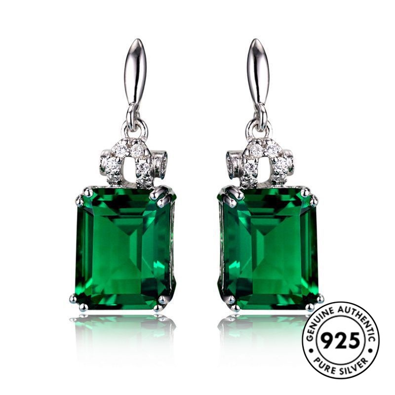 Anting Tusuk Sterling Silver 925 Desain Persegi Panjang Hias Batu Emerald Elegan Untuk Wanita