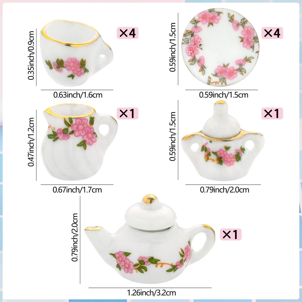 Populer 11pcs Cangkir Teh Porselen Set Mainan Dapur Dengan Lis Emas Motif Bunga1 /6 1/12 Miniatur