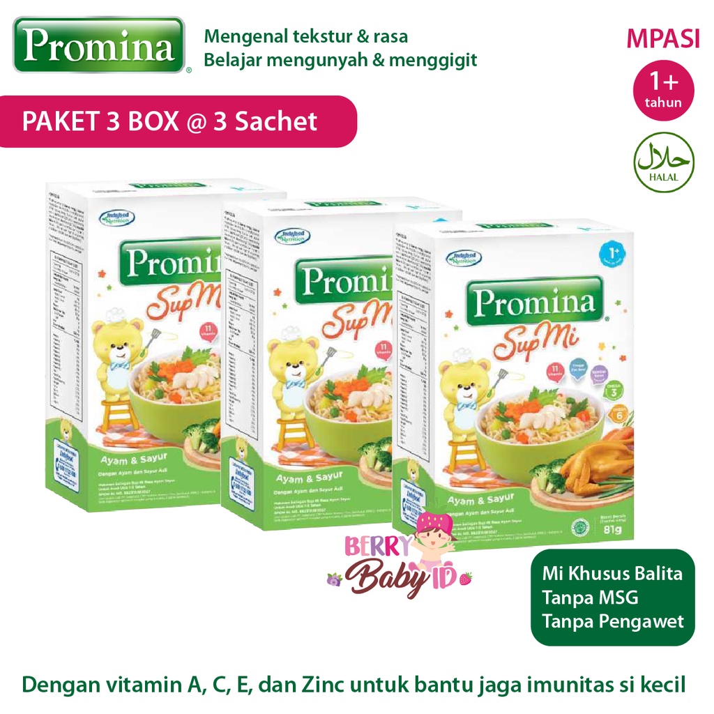 Promina Paket 3 Pak Sup Mi Ayam Sayur &amp; Daging Sayur MPASI Makanan Bayi 12m+ Berry Mart