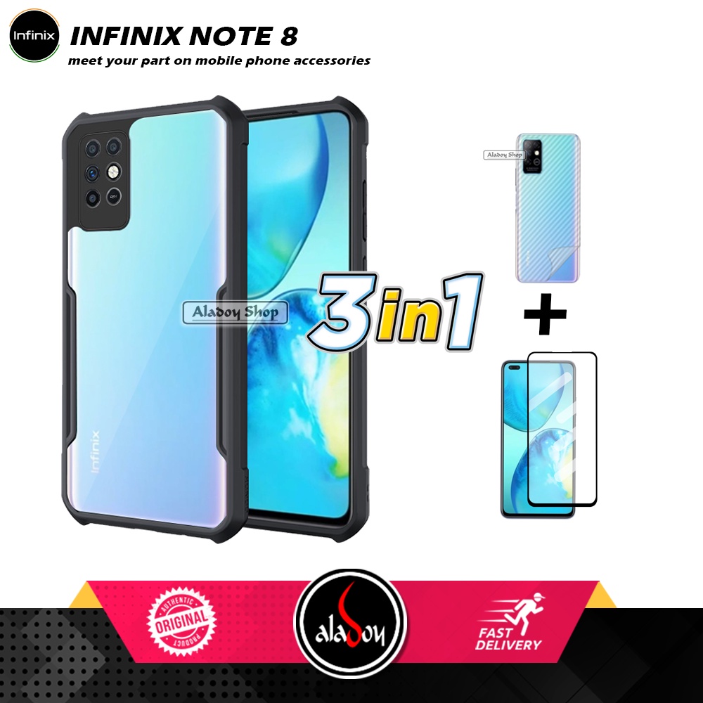 Case Infinix Note 8 Armor Fushion Transparent Casing + Tempered Glass Full Layar dan Skin Carbon