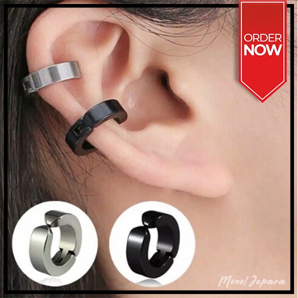 Sepasang Anting Jepit Pria Wanita Hitam/Silver (Titanium Asli)