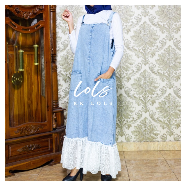 DRESS KODOK OVERAL JEANS BIRU BABY BLUE + INNER COMBI BROKAT
