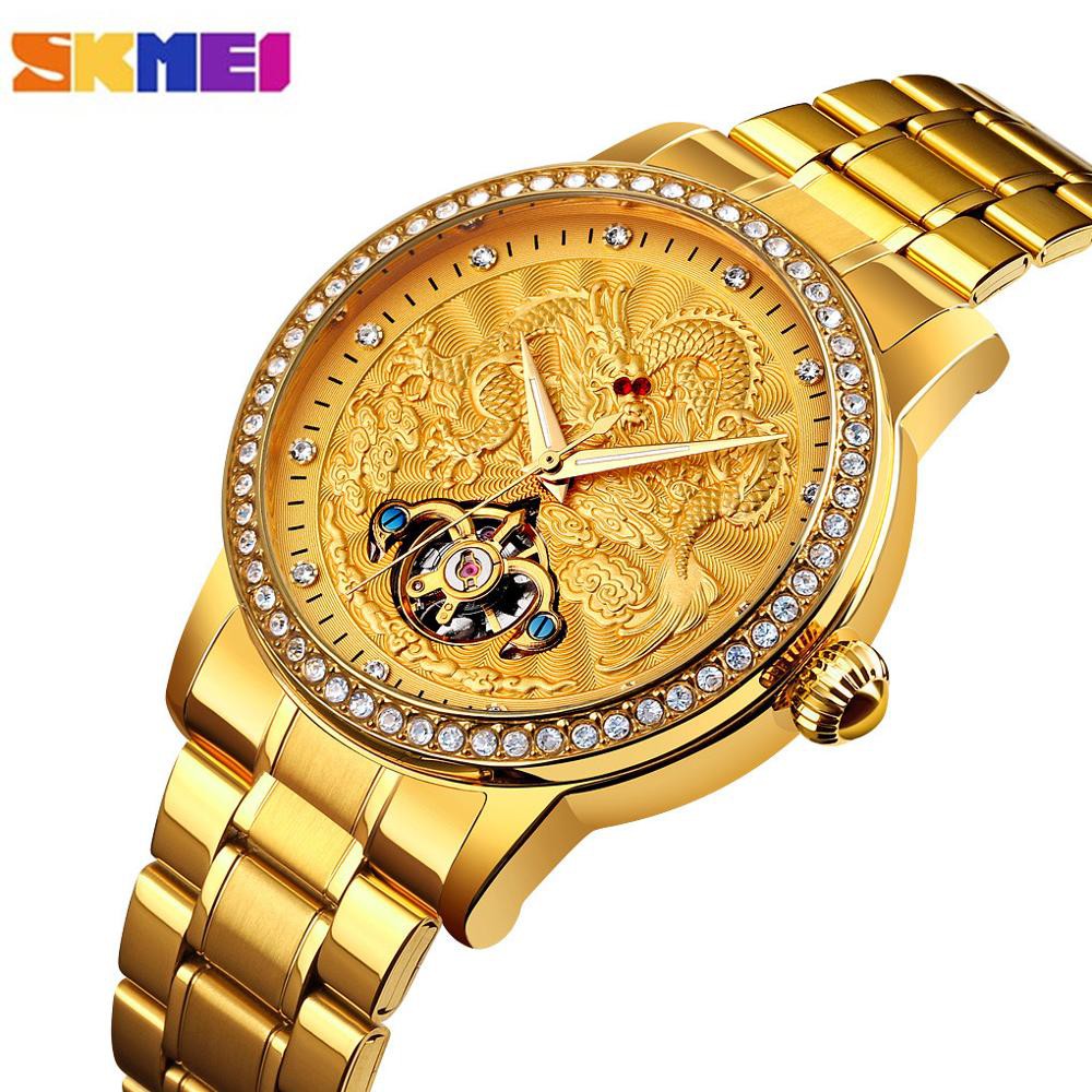 FREE BOX Premium SKMEI 9219 Luxury Automatic Mechanical Men Watches Dragon Diamond Hollow Watch