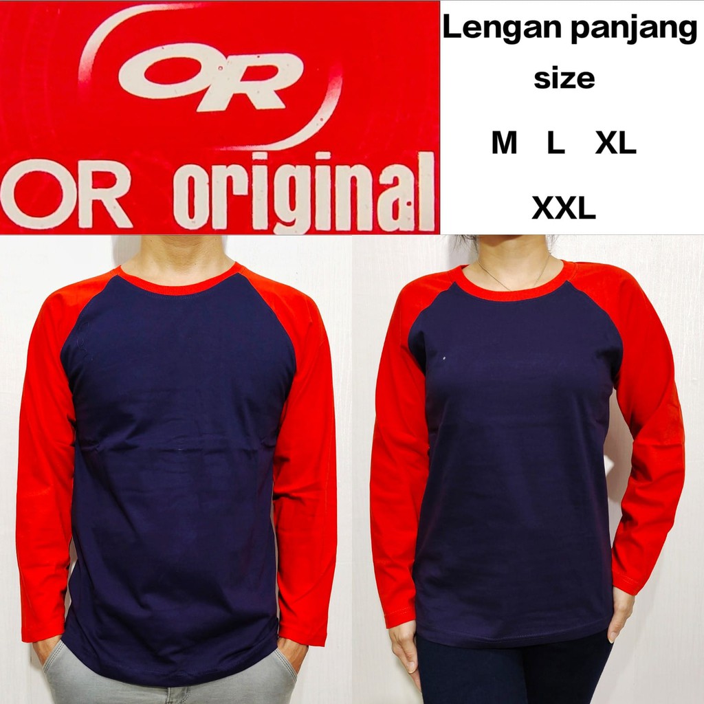 Kaos polos reglan navy lengan orange panjang M L XL XXL