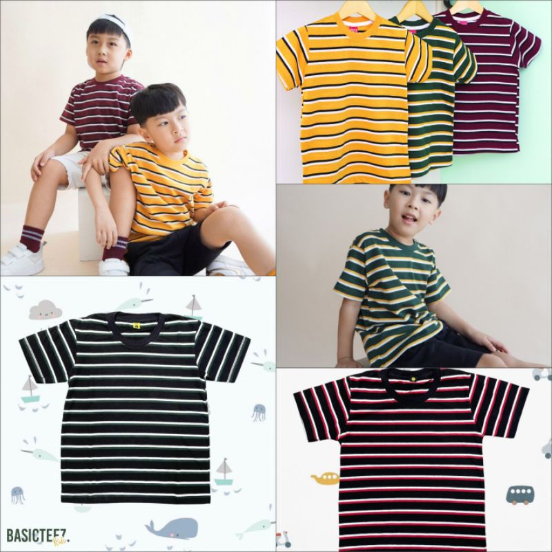 Kaos Anak Stripe Motif 3 Garis Warna , Cotton Combed