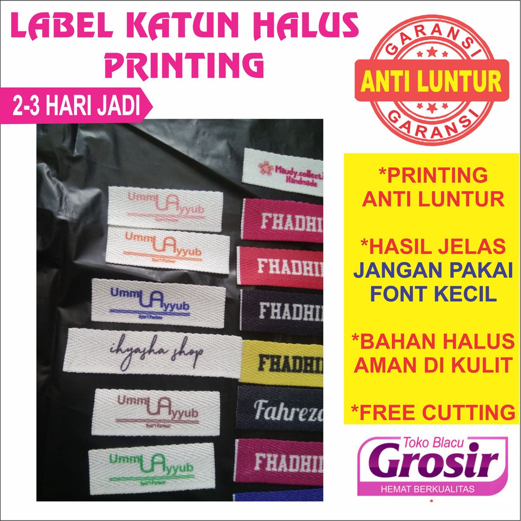 

Label PRINTING Hijab / Label Baju Sablon / Label Woven Damask Subtitute Custom Colour (isi 100 pcs)