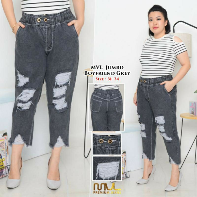BOYFRIEND GREY 7/9 CELANA CEWEK LAPISAN FURING PINGGANG KARET JUMBO RIPPED JEANS