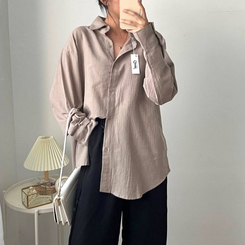 Suki Shirt 2022 - Kemeja Basic Oversize  Linen Crinkle Atasan Wanita - Bumil