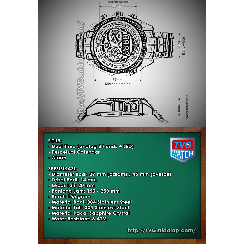 JAM TANGAN STAINLESS ORIGINAL TVG  DUAL TIME ( LED + ANALOG) 01