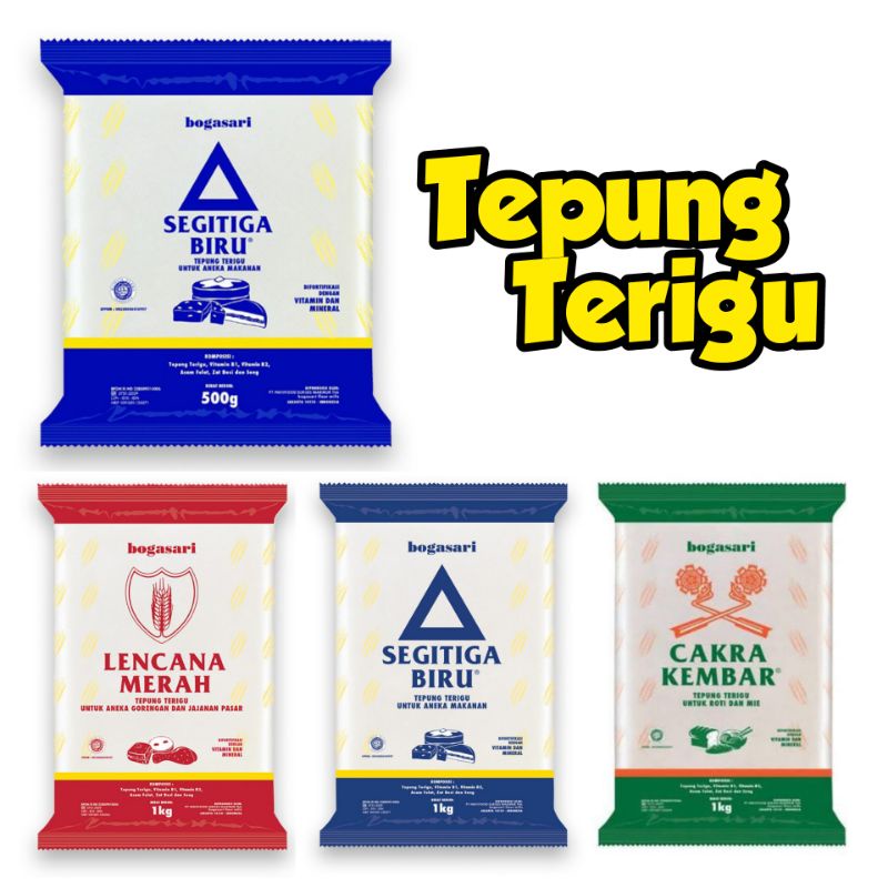 

TEPUNG TERIGU BOGASARI - Segitiga Biru - Cakra Kembar - Lencana Merah - Tepung Serbaguna Roti Kue - TemuPawon