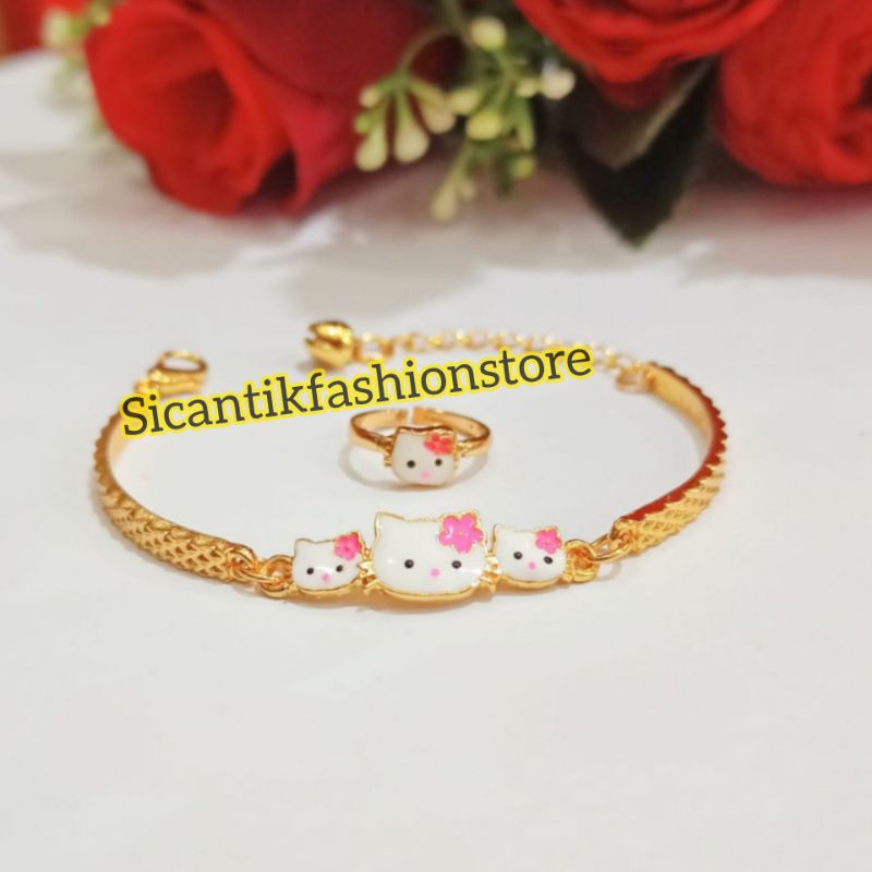 Gelang Titanium Anak Anak Perhiasan Set Anak Anak Hello Kitty Gelang Cincin Terlaris Anti Karat