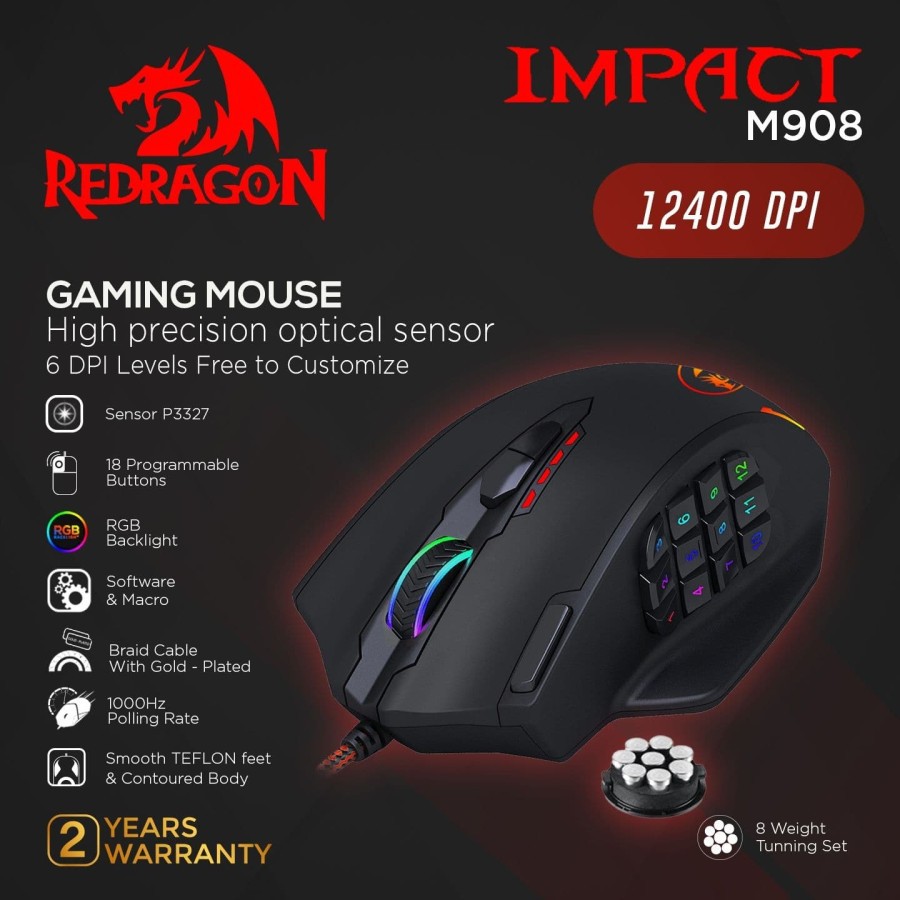 Mouse Gaming Redragon Wired Usb 2.0 12400Dpi 1Khz Macro rgb 220ips with weight tunning set Impact m908 m-908