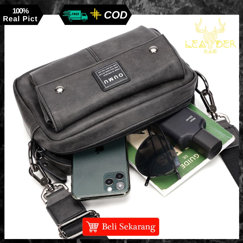 Tas Selempang Kulit Cowo Original Distro Keren Model Terbaru Waterproof Warna Abu abu Berkualitas B8