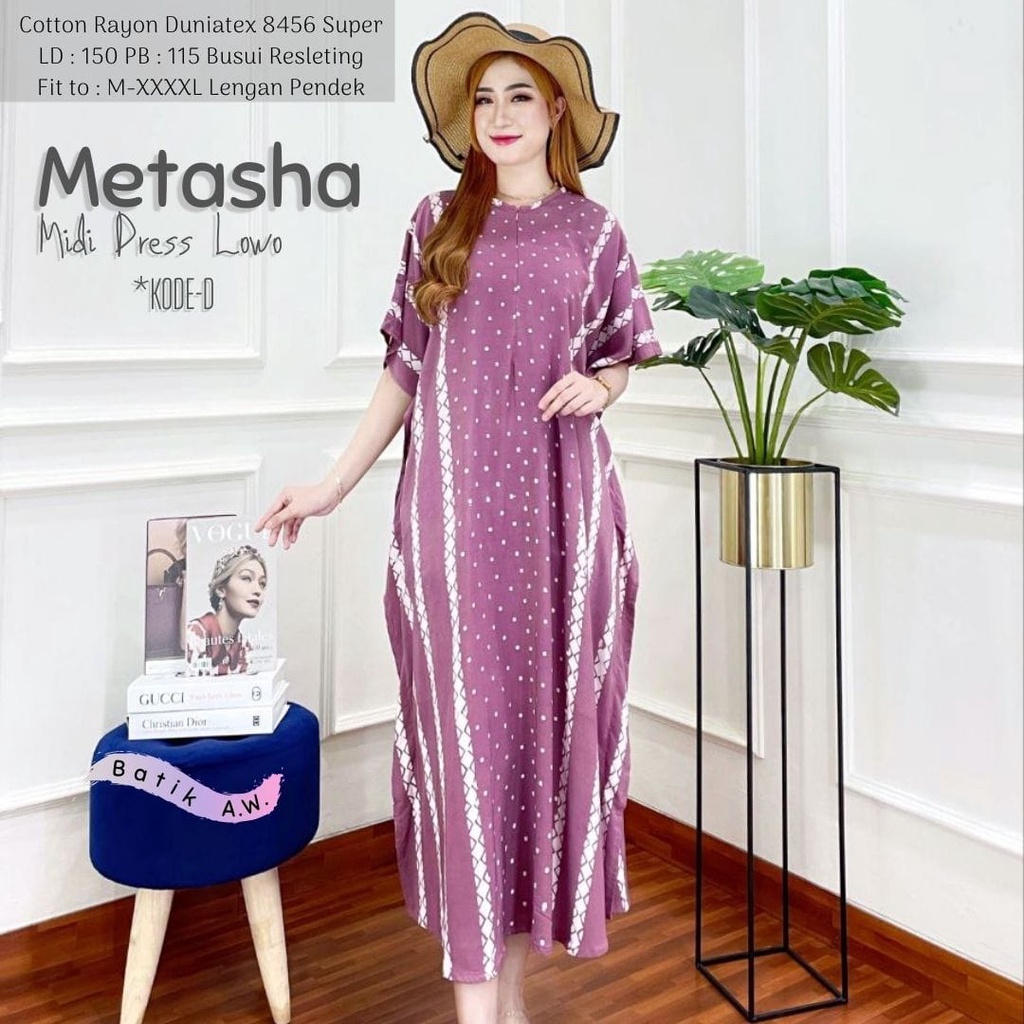 Metasha Daster Rayon Midi Dress Kelelawar Batik Cap Encim Soft Color Size Jumbo L - XXXL Busui Resletng Lengan Pendek