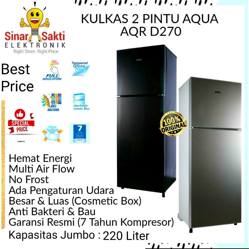 Kulkas Aqua 2 pintu AQR D270 Lemari Es Jumbo AQR-D270 270 Low Watt