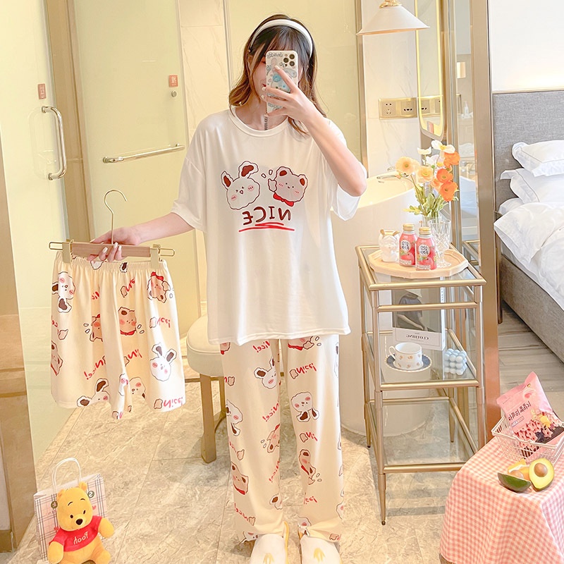 Baru set Baju Tidur Wanita Dewasa Oversize Piyama Bahan Kaos Celana Panjang & Pendek Setelan Baju Tidur 3IN1 Setelan Piyama-Nice