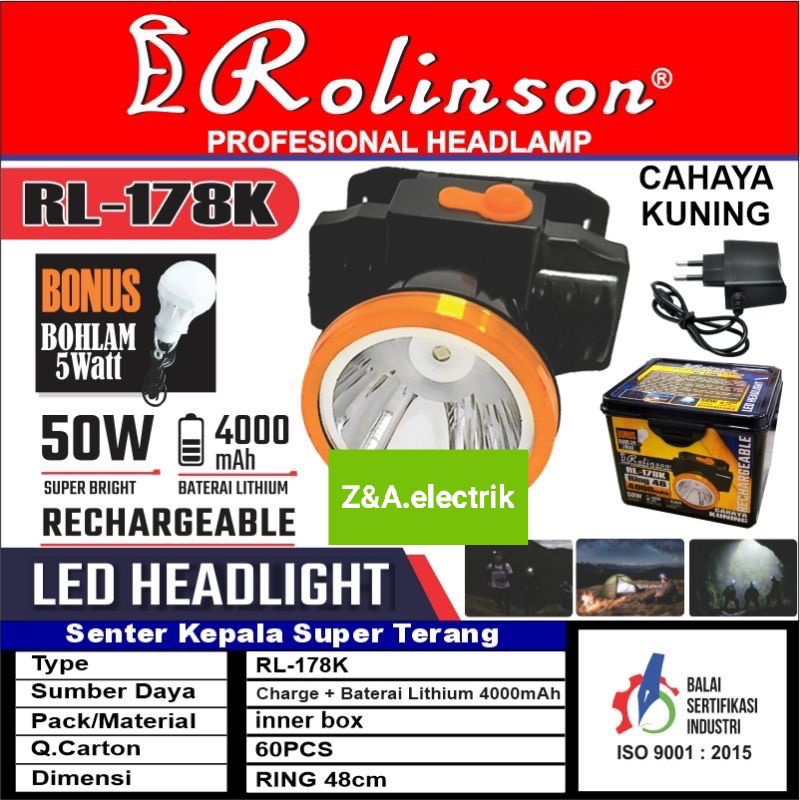 Senter Kepala LED RL-178K + Bohlam 5W Head Lamp Cahaya Kuning ROLINSON