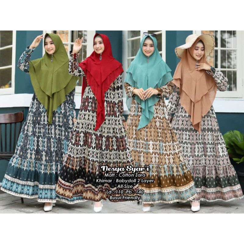 humaira99 gamis syari motif maxi busui set khimar syari nesya