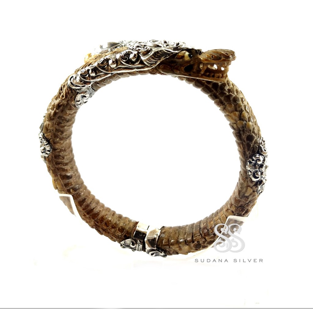 Gelang Akar Bahar Ukiran Naga Coklat Perak Silver 925 Handmade Bali
