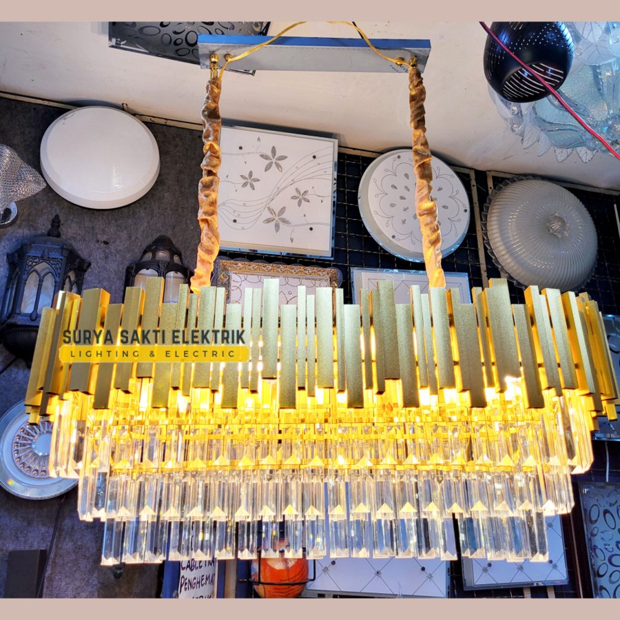 LAMPU GANTUNG KRISTAL UNIK GOLD MODERN MINIMALIS PANJANG MEJA MAKAN