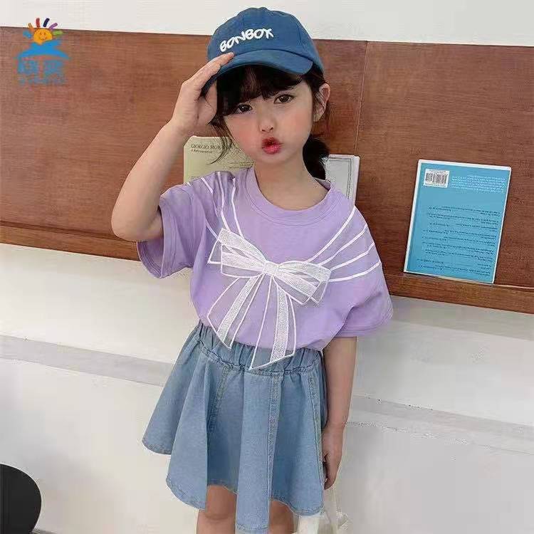 KF CAT Setelan Anak Perempuan Kaos Lengan Pendek +Rok Jeans Motif Pita 2IN1 Cotton Import Korea Style-Ungu