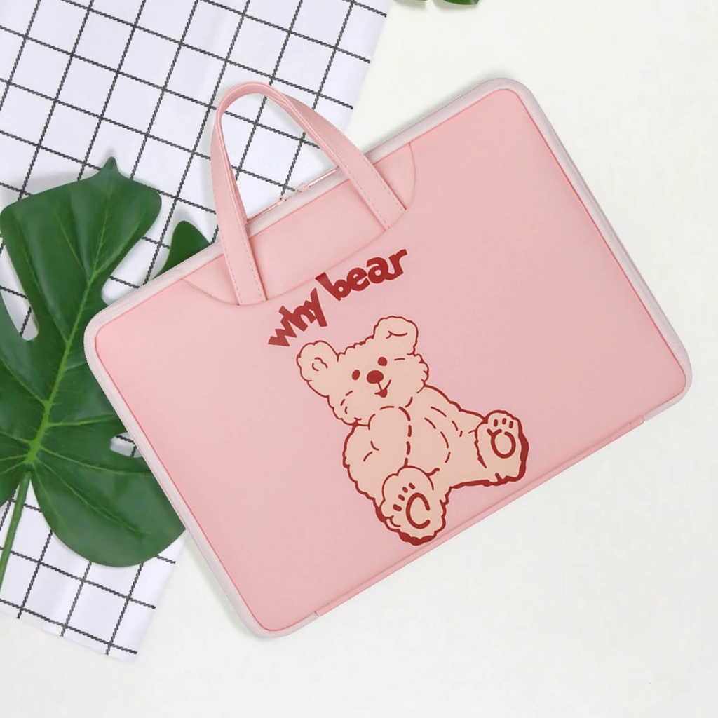 Sleeve Pouch Sarung Tas Bag Case Ipad Tab Tablet Macbook Air Pro Laptop Asus Acer Lenovo HP Huawei 11 12 13 14 15 inch Motif Gambar Kartun Cartoon Bear Beruang Warna Hitam Black Pink Cute Murah Korean Model Jinjing Tali Strap Waterproof Tahan Air