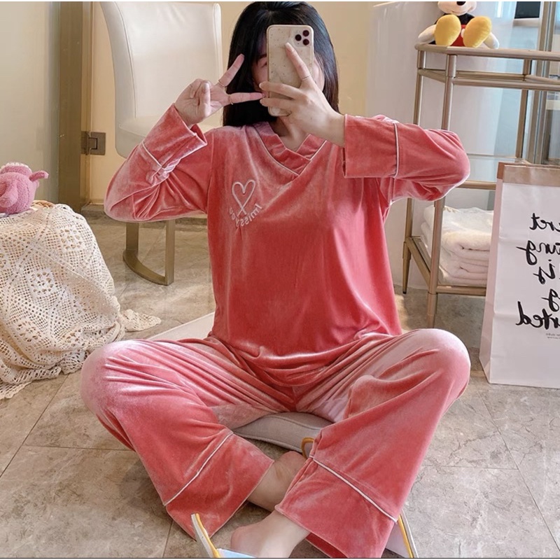 JC- Set Piyama Bulu Bludru PP / Piyama Kimono wanita terbaru / Stelan Bludru Premium import Murah-VBludru Love PeachPP