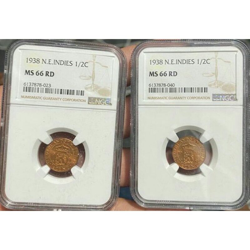 Koleksi Uang Koin Kuno Benggol 1/2 Cent Nederlandsch Indie Tahun 1938 Anggur Keydate NGS MS 66 RD TOP POP.LANGKA