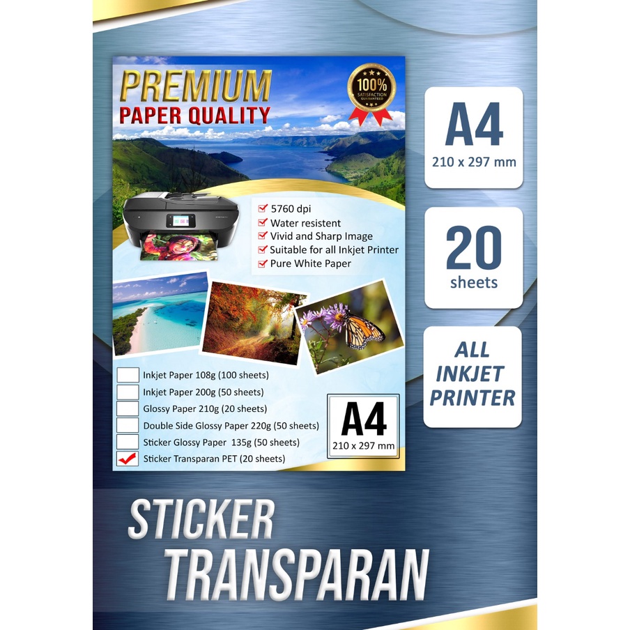 

Stiker Transparan A4 bisa di print Printer Inkjet ( 1 pak isi 20 lembar )