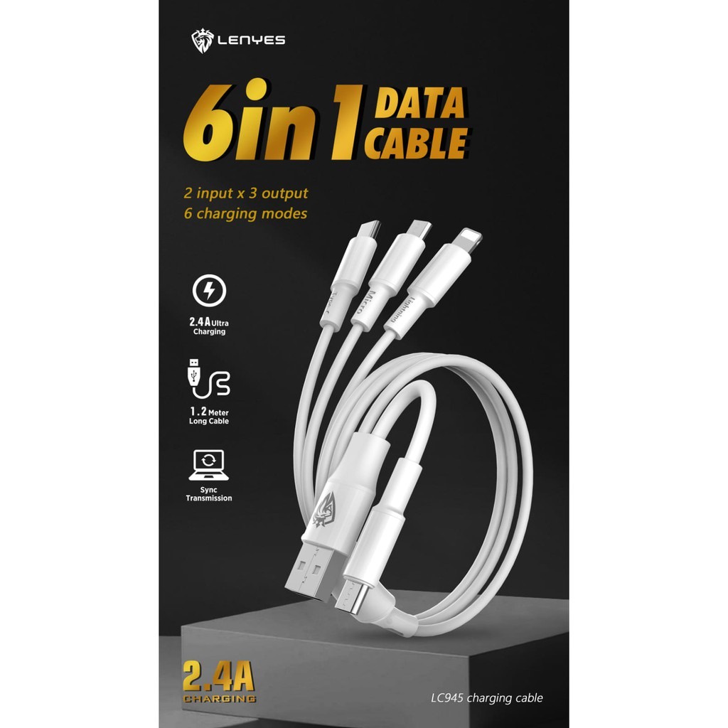 LENYES LC945 2.4A 6 in 1 Universal Sync Data Cable Kabel Cas HP 1.2 Meter Anti Putus