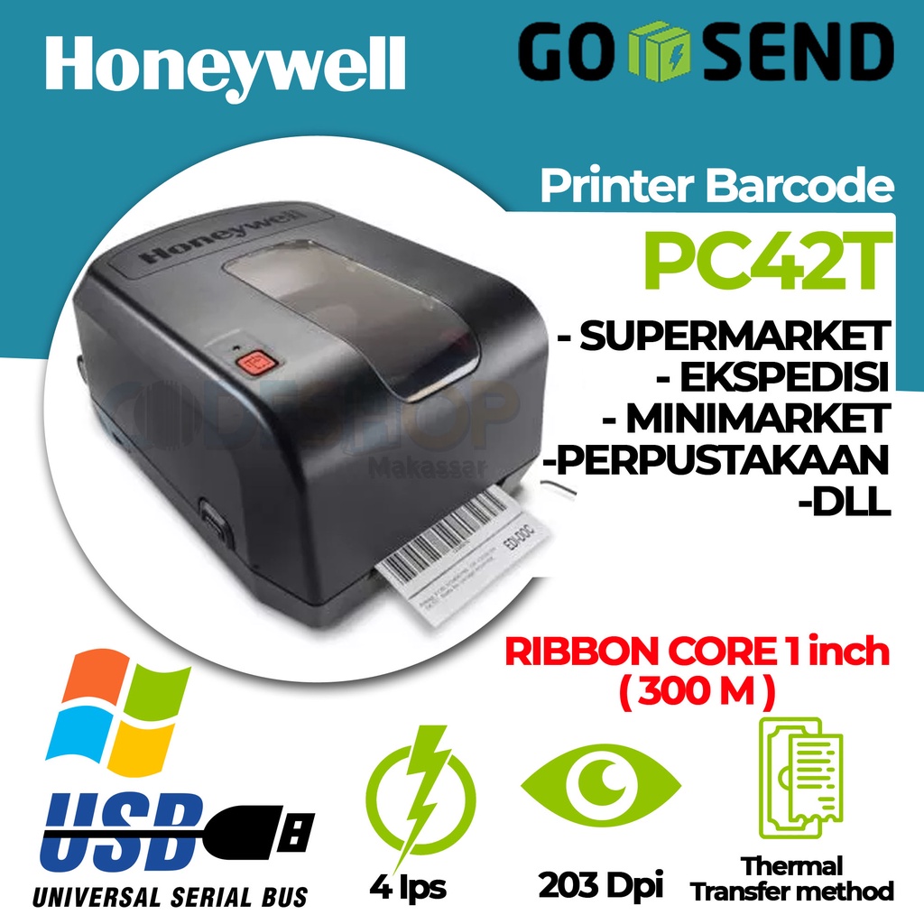 

Printer Barcode Honeywell PC42T+ Cetak Label USB & LAN 300 DPI