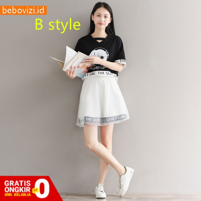 Casual Dress Mori Mini Gaya Jepang Warna Hitam Putih Wanita Import