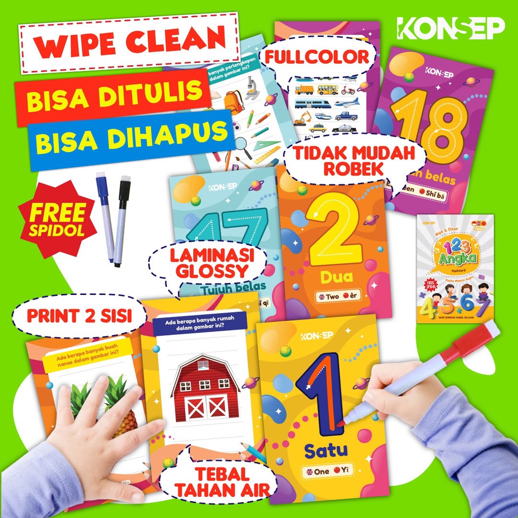 [FREE SPIDOL] Konsep Flashcard Wipe and Clean 123 Angka / Flash Card / Mainan Edukasi Kartu Pintar