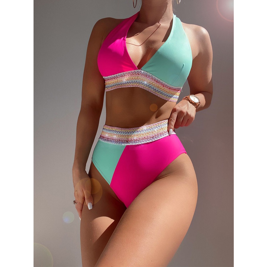PREORDER Sexy Handwork Bikinis Deep V Swimsuit Vintage Print Swimwear Women Bathing Suit Halter Patc