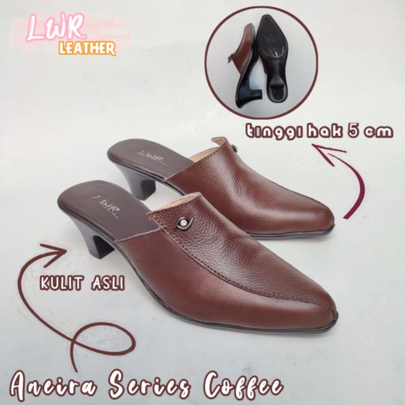Mules Hak 5 Cm Wanita Asli Kulit Coffee Brown